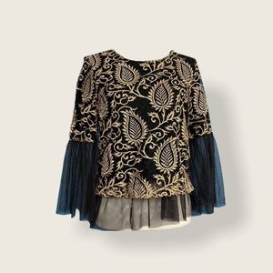 🆕 NWT DREW Women’s Black/Gold Embroidered Mesh Top Tulle Blouse A-Line XS